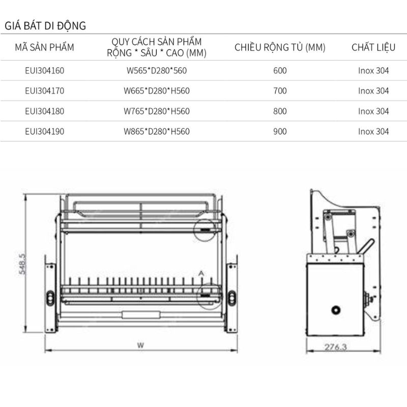 Kích thước giá bát di động Eurogold EUI304170 Kích thước giá bát di động Eurogold EUI304170