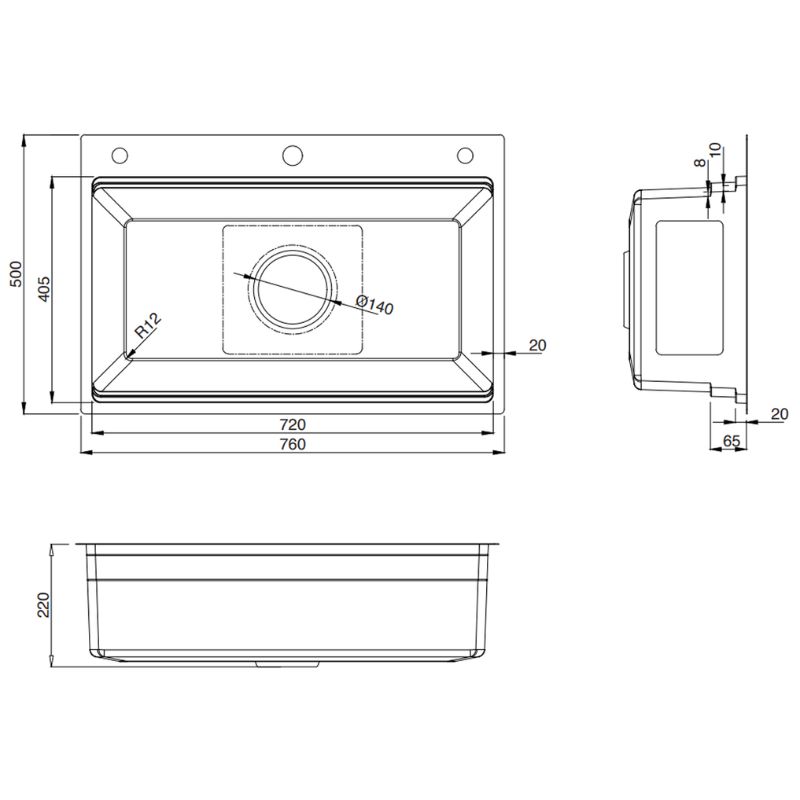 Kích thước chậu rửa bát 1 hố Kluger KWF8161FB-S76 Plus Kích thước chậu rửa bát 1 hố Kluger KWF8161FB-S76 Plus