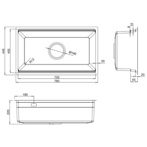 Chậu rửa bát 1 hố Kluger KWU8161FB-S76 5 Kích thước chậu rửa bát 1 hố Kluger KWU8161FB-S76