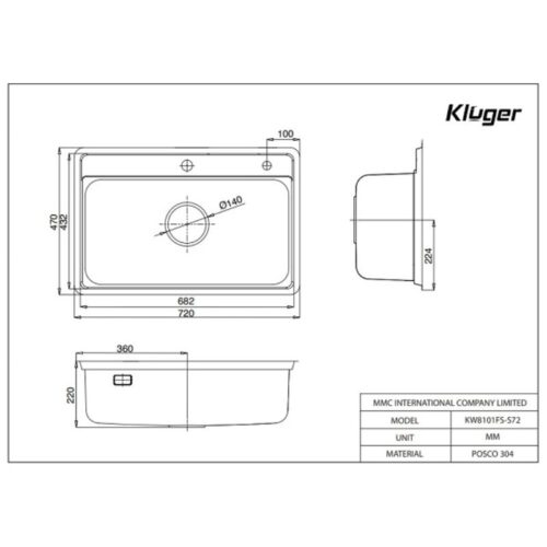 Chậu rửa phụ inox Kluger KSWB-403FS 4 Kích thước chậu rửa phụ inox Kluger KSWB-403FS