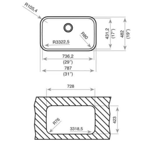 Kích thước chậu rửa bát inox 1 hố Teka TOTAL BE 74.43-20 1B 10125121