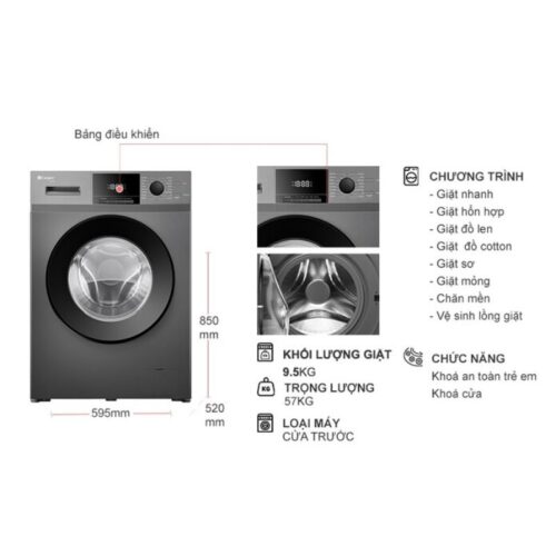 Kích thước máy Giặt Casper Inverter 9.5 Kg WF-95VG5 cửa trước