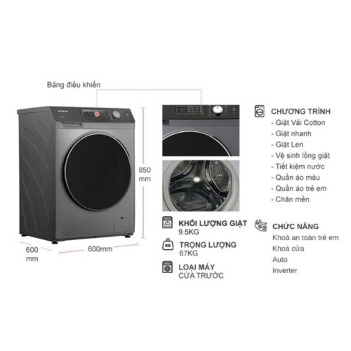 Kích thước máy Giặt Hitachi Inverter 9.5 Kg BD-954HVOS cửa trước