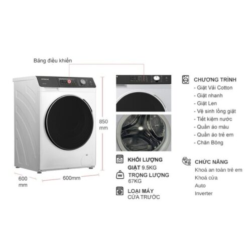 Kích thước máy Giặt Hitachi Inverter 9.5 Kg BD-954HVOW cửa trước
