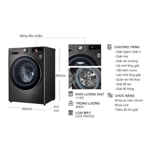 Kích thước máy Giặt LG Inverter 11 Kg FV1411S3B cửa trước
