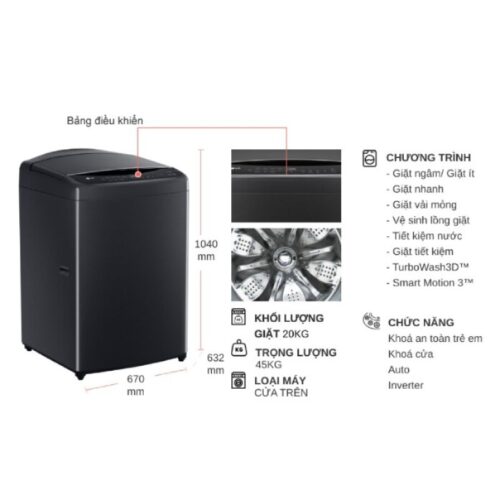 Kích thước máy Giặt LG Inverter 20 Kg TV2520DV7J cửa trên
