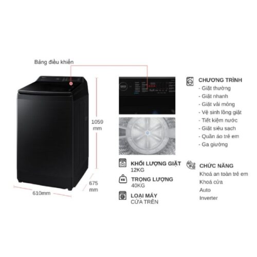 Kích thước máy Giặt Samsung Inverter 12 kg WA12CG5745BVSV cửa trên