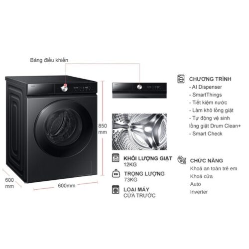 Kích thước máy Giặt Samsung Inverter 12 Kg WW12CB944DGBSV cửa trước