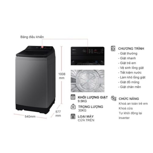 Kích thước máy Giặt Samsung Inverter 9.5 kg WA95CG4545BDSV cửa trên