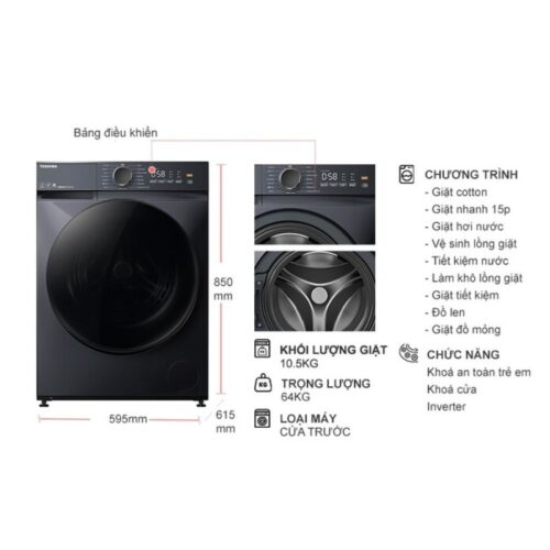 Kích thước máy Giặt Toshiba Inverter 10.5 Kg TW-T21BU115UWV(MG) cửa trước
