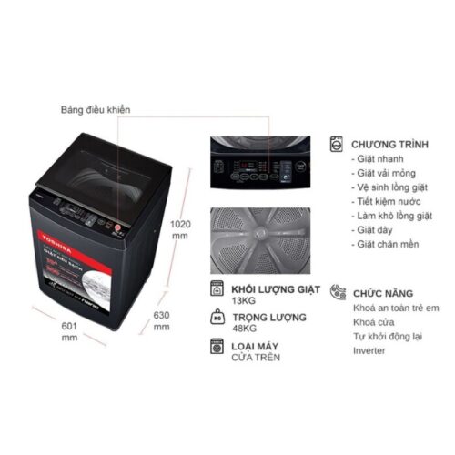 Kích thước máy Giặt Toshiba Inverter 13 Kg AW-DUM1400LV (MK) cửa trên
