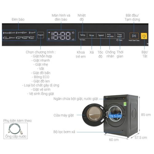 Kích thước máy Giặt Whirlpool Inverter 8 Kg FWEB8002FG cửa trước