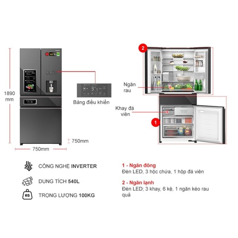 Kích thướcc tủ Lạnh 4 cánh Multi Door Inverter 540 Lít Panasonic NR-YW590YMMV Kích thướcc tủ Lạnh 4 cánh Multi Door Inverter 540 Lít Panasonic NR-YW590YMMV