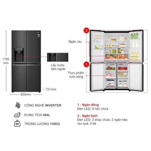 Kích thước tủ Lạnh 4 cánh Multi door Inverter 570 Lít LG GR-D22MB