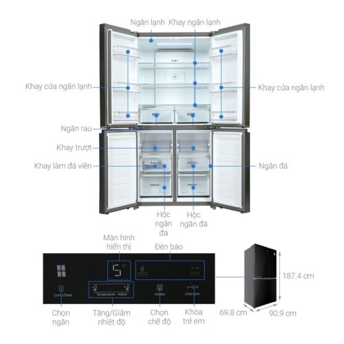 Kích thước tủ Lạnh 4 cánh Multi Doors Inverter 594 Lít Whirlpool WFQ590NBGV