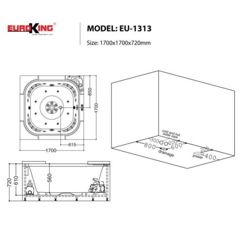 Kích thước bồn tắm Euroking EU-1313 4 skirts