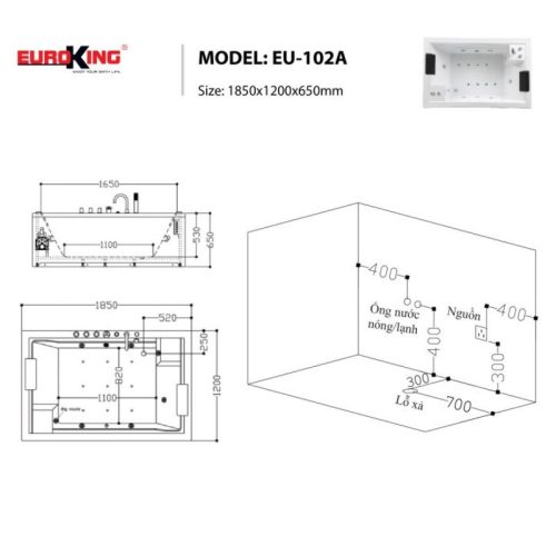 Kích thước bồn tắm massage EuroKing EU-102A