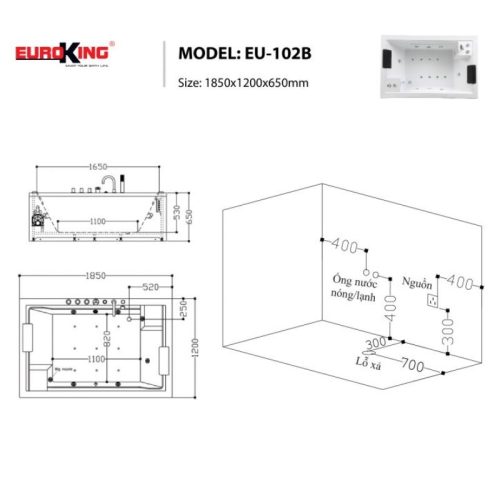 Kích thước bồn tắm massage EuroKing EU-102B