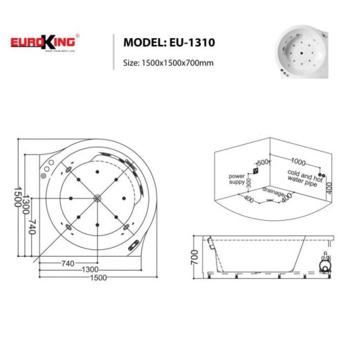 Kích thước bồn tắm massage EuroKing EU-1310