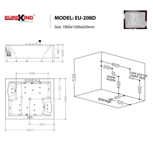 Kích thước bồn tắm massage Euroking EU-208D
