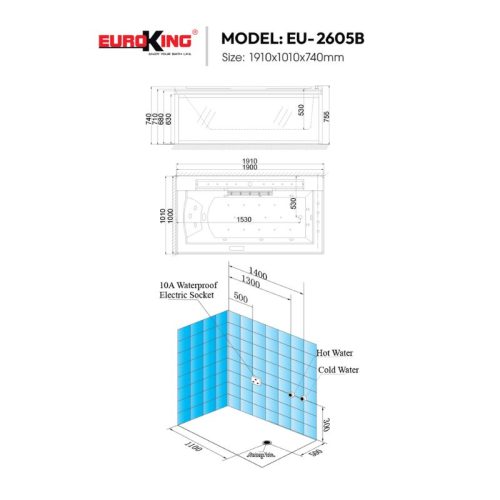 Kích thước bồn tắm massage Euroking EU-2605