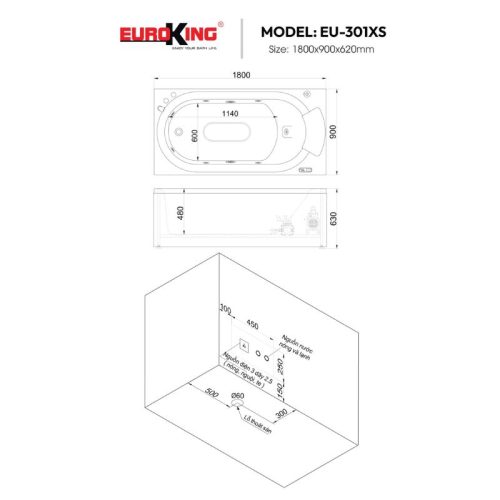 Kích thước bồn tắm massage Euroking EU-301XS