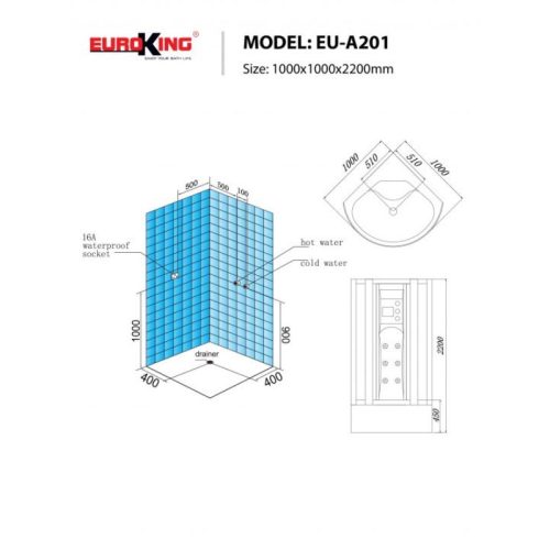 Kích thước phòng xông hơi Euroking EU-A201 Black