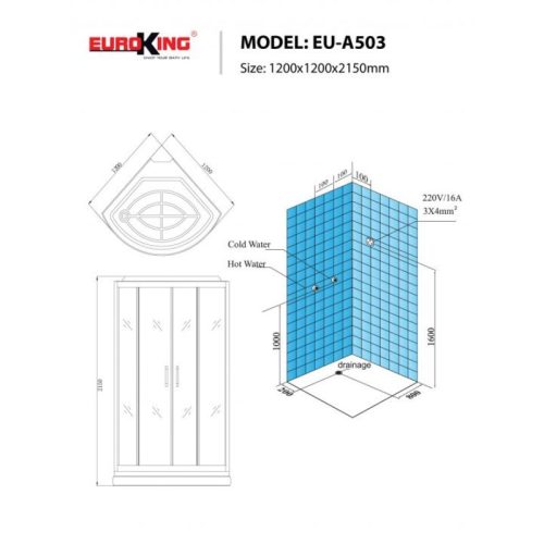 Kích thước phòng xông hơi Euroking EU-A503