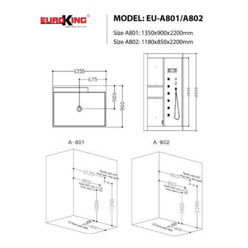 Kích thước phòng xông hơi EuroKing EU-A801