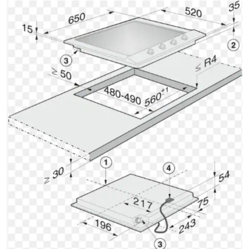 Kích thước bếp Gas Miele 4 vùng nấu KM 2012 G lắp âm