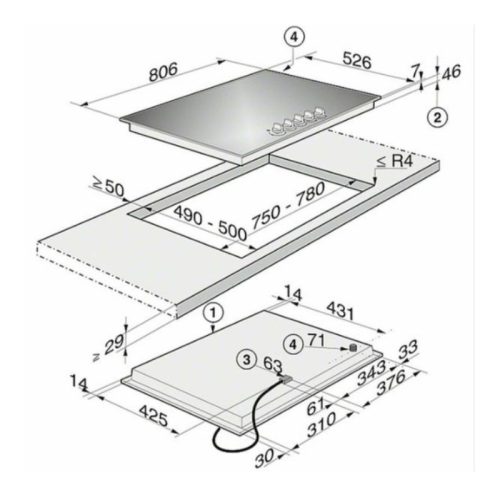 Kích thước bếp Gas Miele 5 vùng nấu KM 3034-1 G lắp âm