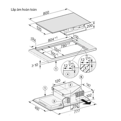 Kích thước bếp từ kết hợp hút mùi Miele 4 vùng nấu KMDA 7476 FL lắp âm