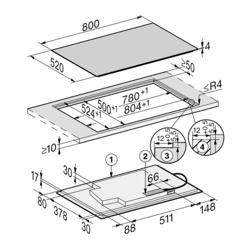 Kích thước bếp từ Miele 4 vùng nấu KM 7879 FL lắp âm